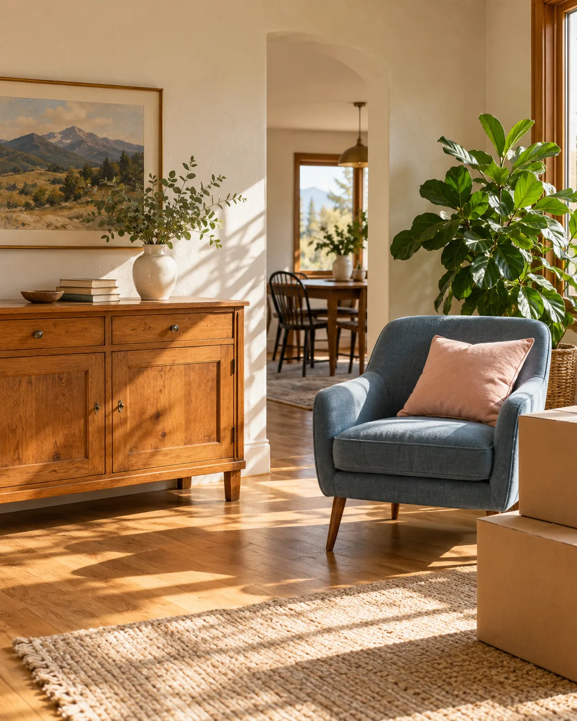 A sunlit, uncluttered room with vintage furniture, a blue chair, and moving boxes